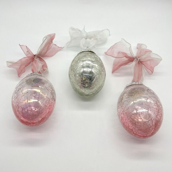 VTG Heavy Crackle Glass Egg Ornament Christmas Easter Pink Silver Kugel Lot of 3 - Picture 2 of 7